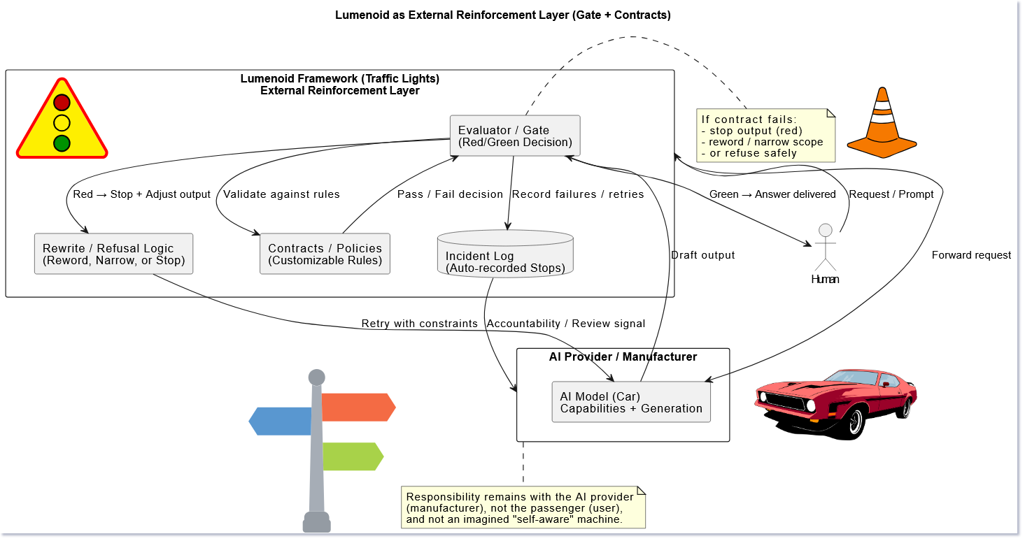 Diagram showing Lumenoid as an external governance layer evaluating AI outputs before release